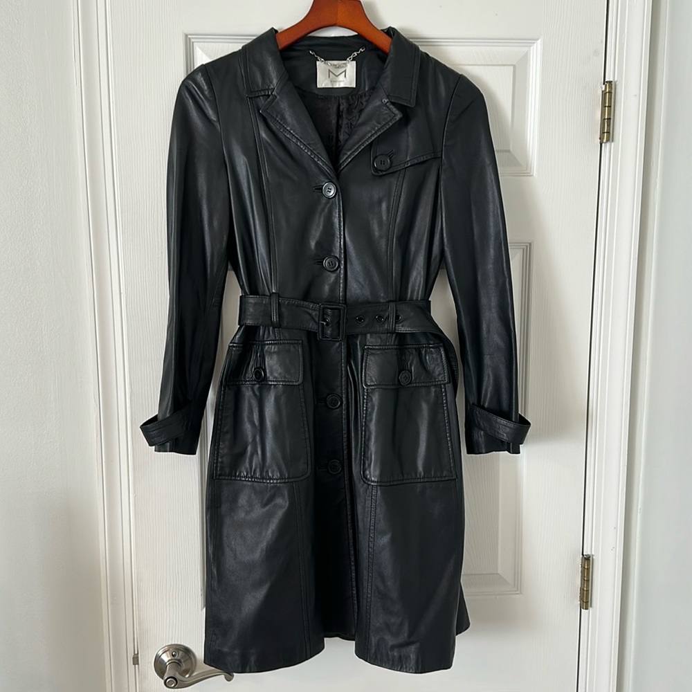 Black genuine leather trench coat US size 6